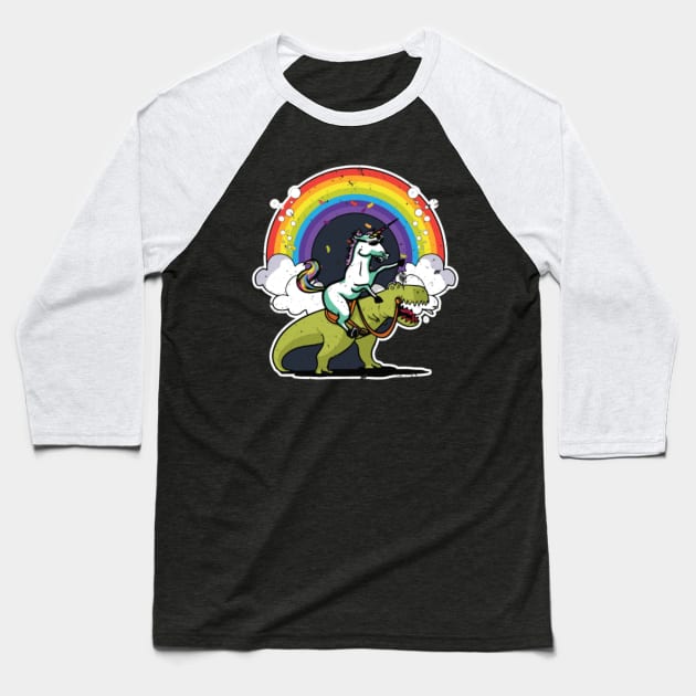 Unicorn Riding Dinosaur T Rex T Shirt Rainbow Baseball T-Shirt by Xizin Gao